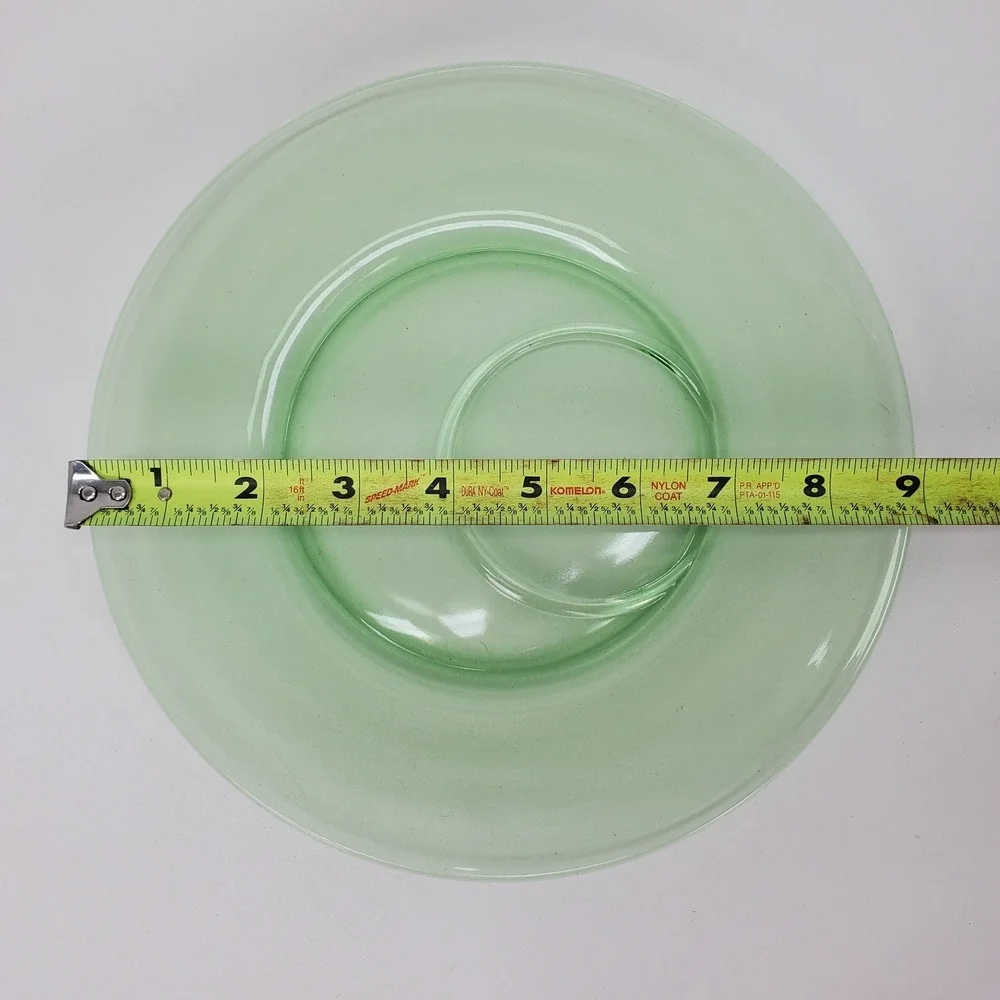 Vintage Green Uranium Glass Snack Plate 9 inch Round Cup Holder Depression Glass